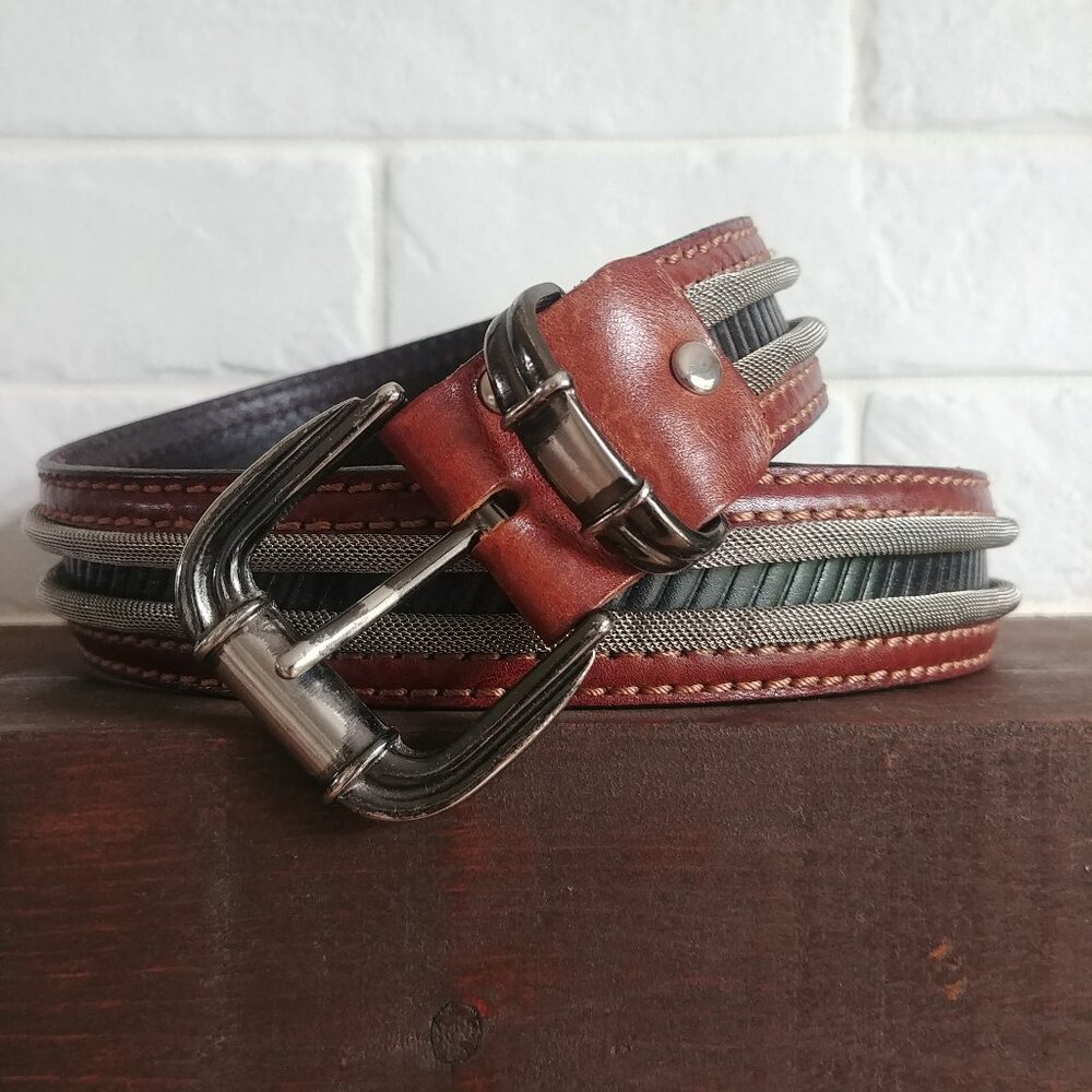 Vintage Nanni belt made in Italy heavy buckle and tip brown leather metal trim